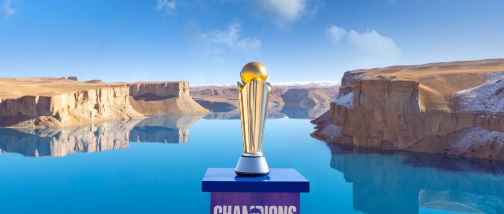 ICC Champions Trophy at Band-e-Amir The ICC Champions Trophy showcased against the serene blue waters and cliffs of Band-e-Amir National Park in Afghanistan.