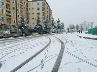 A snowy street in a Kabul neighborhood with apartment buildings on one side, pine trees covered in snow, and footprints and tire tracks visible on the snow-covered road.