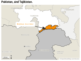 A color-coded map highlighting Afghanistan’s Wakhan Corridor in orange, illustrating its narrow stretch between Tajikistan to the north, China to the east, and Pakistan to the south. The map labels surrounding regions (e.g., Baghlan, Kabul, and Peshawar) and includes a scale bar indicating 100 km.