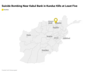 Suicide Bombing Near Kabul Bank in Kunduz Kills at Least Five a map of a Afghanistan with a location pin in Kuduz.